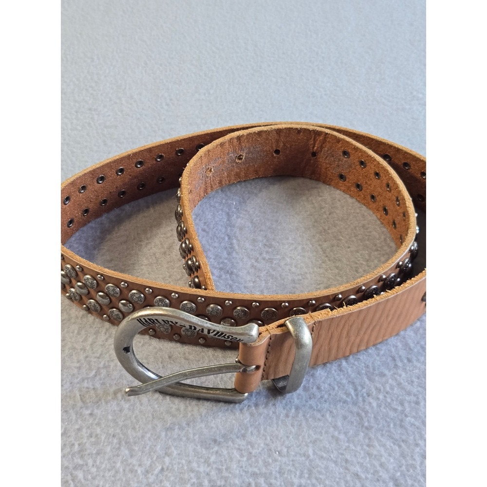 Harley-Davidson Studded Belt Womens 36 Tan Leather Logo Rivets Biker 97722-08VW